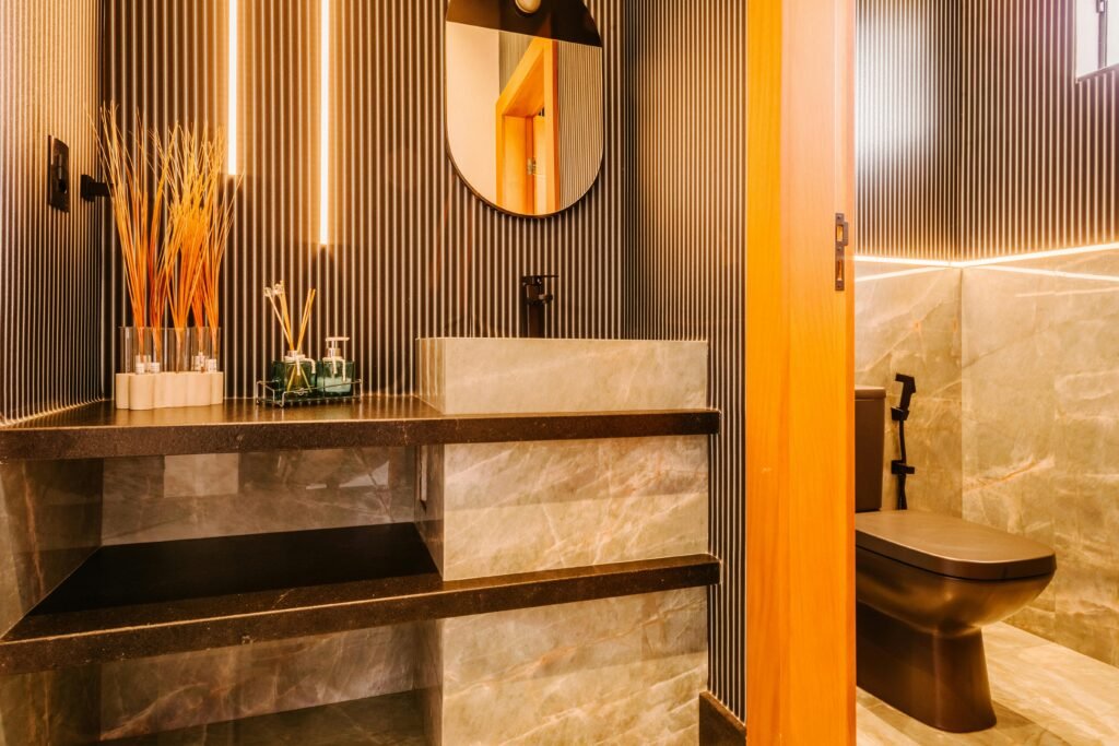 Luxurious modern bathroom with elegant design elements and ambient lighting.
